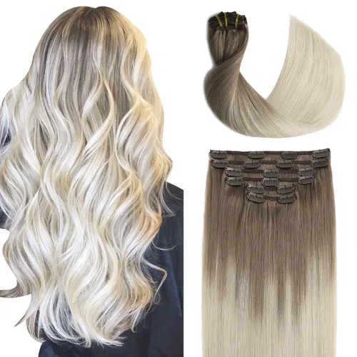 Miniatura 13 de Sindra Extensiones de cabello humano con clip, balayage 3/8/22 de color marrón oscuro a marrón ceniza y rubio dorado, extensiones de cabello humano
