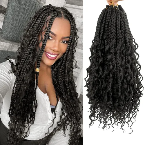 Miniatura 91 de Goddess Box Braids - Trenzas de cabello a ganchillo con extremos rizados, trenzas de caja bohemianas de 16 pulgadas, trenzas de ganchillo, 8 1B-4-30