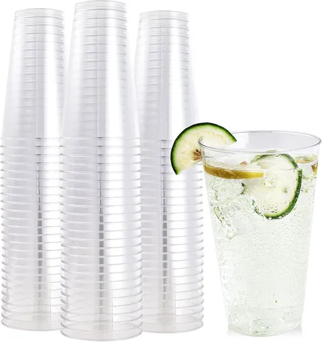 FOCUSLINE Paquete de 100 vasos de plástico transparente de 16 onzas, vasos desechables grandes reutilizables de plástico, vasos duros transparentes