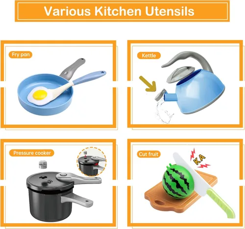 Miniatura 4 de 130 piezas de juego de cocina, ollas y sartenes de juego de simulación para niños pequeños, utensilios de cocina, alimentos diarios, frutas y Azul