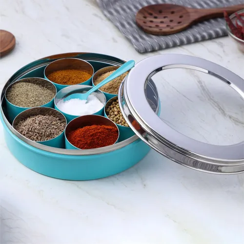 DUDKI Homes - Caja Masala de acero inoxidable, caja de especias, Masala Dabba con organizador de cocina con tapa transparente con 7 recipientes y