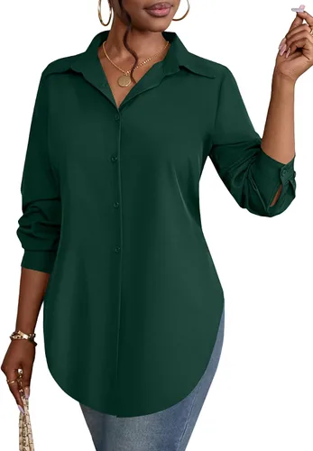 Miniatura 16 de Rooscier Blusa larga con cuello en V para mujer, manga larga, abertura lateral, con botones