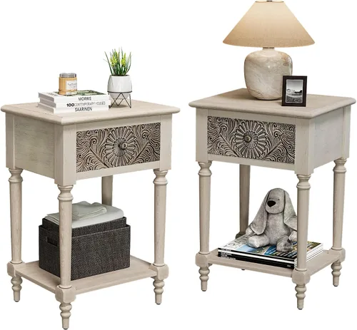 SUNBURY Juego de 2 mesitas de noche vintage, mesa de noche pequeña de madera con cajón y estante abierto, mesa auxiliar de acento shabby para sala