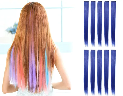 OneDor Extensiones de cabello lacio con clip para fiesta de 23 pulgadas, resistentes al calor, en varios colores (10 unidades, azul)
