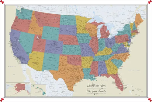 Póster personalizado enrollado en lienzo con mapa de Estados Unidos, arte de pared grande de 24 x 36 pulgadas, póster de mapa de océanos de Estados