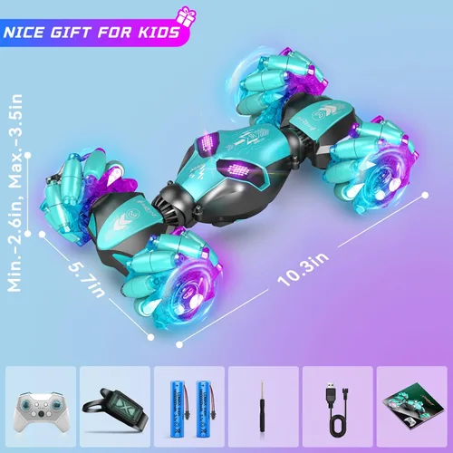 Miniatura 7 de AEROQUEST Auto de acrobacias RC azul para niños – Autos de control remoto todoterreno 4WD con detección de gestos, deriva de 360°, luces LED y Morado