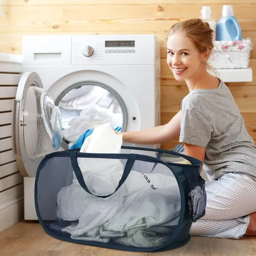 Miniatura 2 de Cestas de lavandería plegables duraderas, cesta de lavandería desplegable de malla con bolsillo lateral, cesta de ropa plegable con asas de 2 x azul