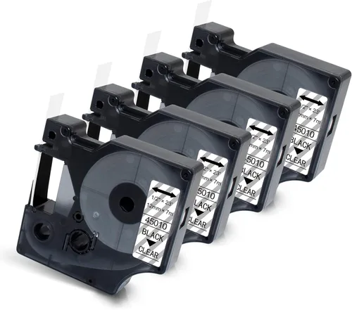 Paquete de 4 recambios para rotuladora Dymo D1, negro sobre transparente 45010 S0720500, 1/2 pulgada x 23 pies cinta de etiquetas transparente D1