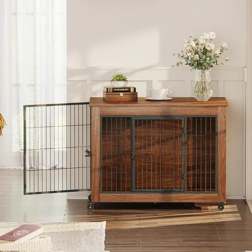 Miniatura 8 de Mueble de jaula para perros de 38.6 pulgadas con ruedas, mesa de madera resistente para perrera, jaula para mascotas de interior con 2 puertas, caja