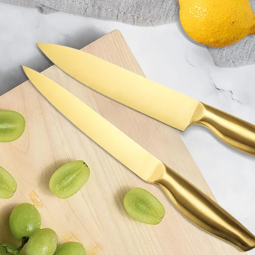Miniatura 5 de Juego de cuchillos dorados, 8 piezas con revestimiento de titanio dorado apto para lavavajillas, juego de cuchillos de cocina de acero inoxidable