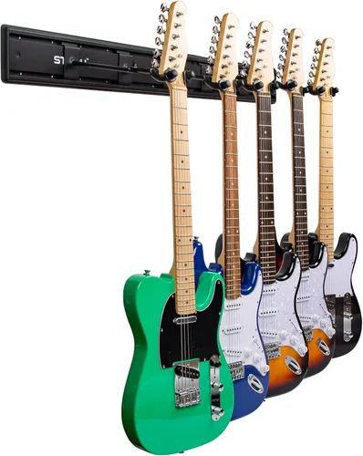 STRICH Perchas de montaje en pared para guitarra, capacidad para 5 guitarras, aluminio pintado de negro, estante de metal de aluminio fuerte, juego