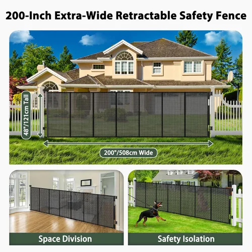 Miniatura 2 de Puertas retráctiles de 200 pulgadas para bebés, puertas extra anchas para perros, puerta de 48 pulgadas extra alta para mascotas, puerta retráctil