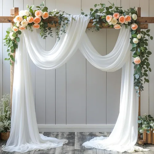 Miniatura 26 de Tela drapeada para arco de boda, 2 paneles de 18 pies, cortina de telón de fondo transparente azul bebé, cortina de gasa para boda, arco, ceremonia
