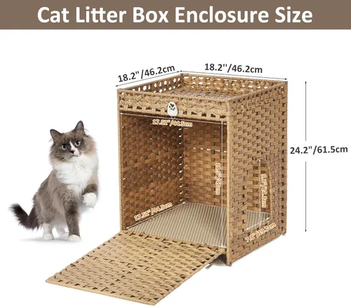 Miniatura 7 de Caja de arena para gatos con alfombrilla de arena suave; muebles ocultos de baño para gatos con puerta; casa de gato de ratán tejida a mano; jaula