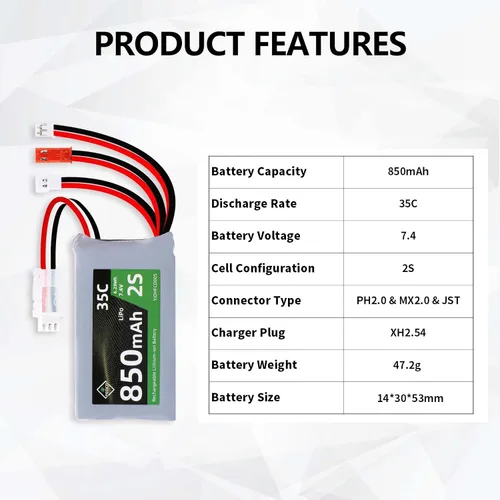 Miniatura 7 de Batería SCX24 7.4V Lipos 2S 360mAh recargable mini batería de litio con JST y MJ y PH2.0 y MX2.0 enchufe de descarga apto para SCX24 RC Car WLtoys