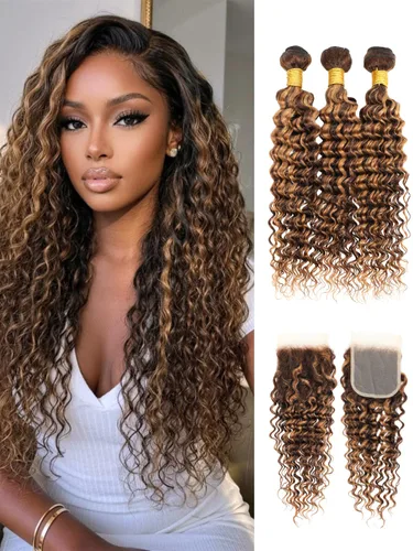 Miniatura 32 de P4/27 Cabello Humano Solitario de Onda Profunda con Reflejos Rubios Miel, 12A 100% Tejido Brasileño Virgen Ondulado Grueso con Mechas Ombre Marrón