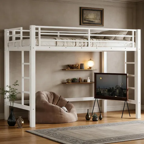 Miniatura 12 de Cama alta individual con escaleras, cama alta de metal individual con tapones antivibraciones y reducción de ruido, cama alta resistente
