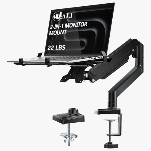 Miniatura 10 de WALI Soporte de pared para laptop, brazo de laptop totalmente ajustable para portátiles de 10 a 17 pulgadas, soporte de pared para monitor 2 en 1