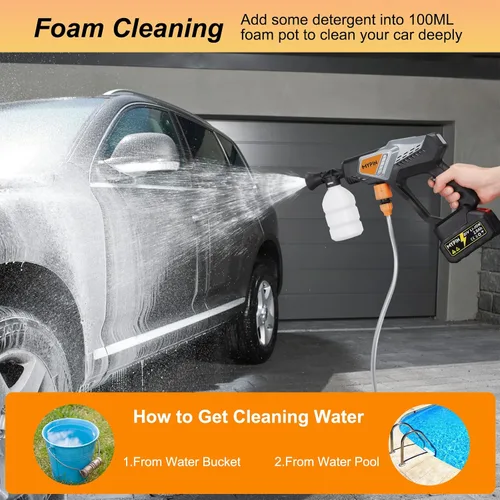 Miniatura 4 de Lavadora a presión inalámbrica portátil, 600PSI Lavadora de coche de mano dos baterías 21V Rechargeable 2.0Ah Powered Pressure Washer, 6-in-1