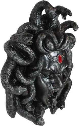 Miniatura 4 de Ebros Mitología griega Gorgona Diosa Medusa Cabeza con pelo de serpientes y frasco rojo de gema de sangre Decoración de pared Estatua de 16 pulgadas