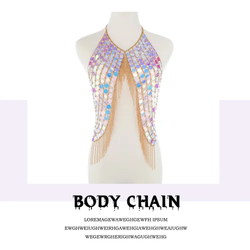 Miniatura 6 de Yovic Cadena de cuerpo bohemio con lentejuelas doradas, cadenas de cintura sexy con borlas, cadena de barra de borla para rave, club nocturno