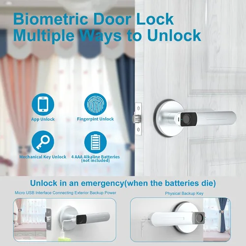 Miniatura 4 de Foxgard - Cerradura inteligente de huellas dactilares para puerta, cerradura biométrica para puerta con aplicación inteligente, perilla de puerta