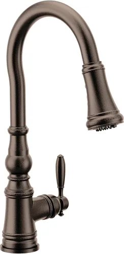 Miniatura 11 de Moen WeymouthBrushed Gold S73104BG - Grifo de cocina con resorte de preenjuague de un mango con refuerzo de potencia para una limpieza más rápida