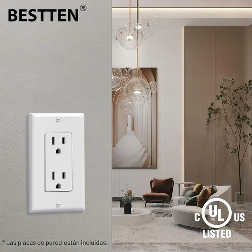 Miniatura 6 de BESTTEN Paquete de 20 tomas de corriente decoradora de pared de 15 amperios, no resistente a manipulaciones, placa de pared incluida
