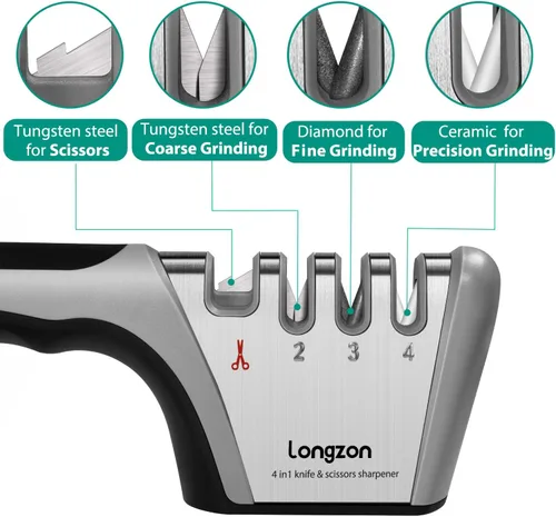 Miniatura 2 de Longzon Afilador de cuchillos 5 en 1 de 4 etapas con guante resistente a cortes, afila y restaura rápidamente las cuchillas sin filo, fácil y seguro