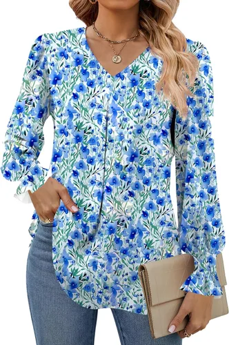 Miniatura 9 de Funlingo Blusas de mujer con mangas largas 2025, elegantes y casuales, con cuello en V, túnica suelta de gasa para el trabajo