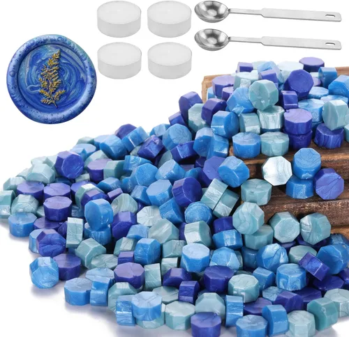 Yoption 300 cuentas de cera selladora de mezcla azul, cuentas octágonas vintage con 4 velas y 2 cucharas de fusión para sello (mezcla azul)