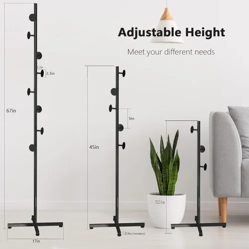 Miniatura 3 de Perchero independiente, árbol de abrigo negro con 8 ganchos de metal para entrada, pasillo, dormitorio, oficina para abrigos, ropa colgante
