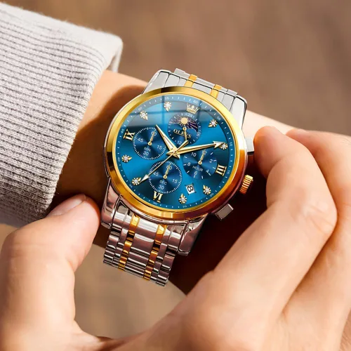 Miniatura 3 de OLEVS Watch for Men Diamond Business Dress Analog Quartz Stainless Steel Waterproof Luminous Date Two Tone Luxury Casual Wrist Watch Blue