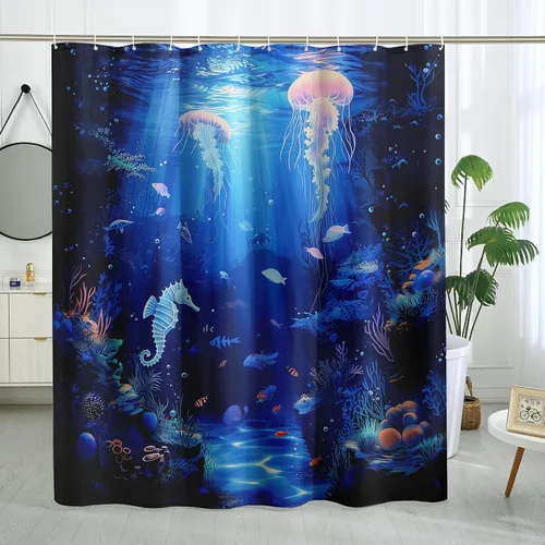 Miniatura 30 de Juego de cortinas de ducha de ballena azul, divertidas cortinas de ducha de dibujos animados de océano para baño, decoración de baño para niños