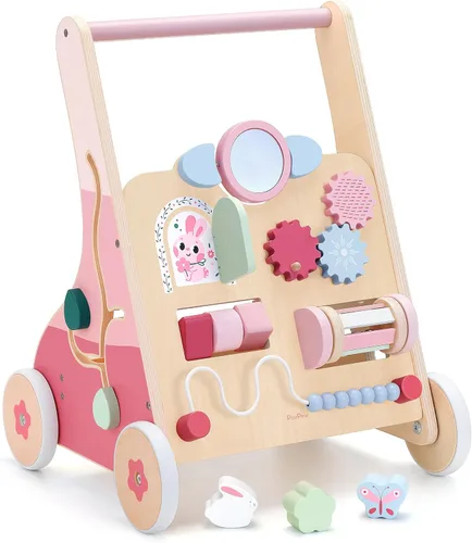 PairPear Caminante de madera para bebés con actividades de aprendizaje para empujar y jalar, 8 en 1, tablero Montessori, caminador de centro de