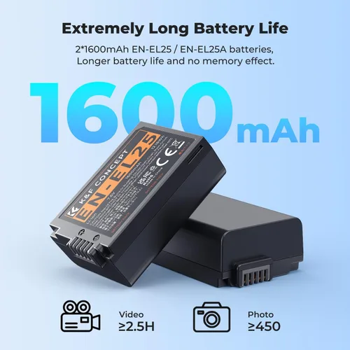 Miniatura 3 de K&F CONCEPT Batería EN-EL25 de 1600 mAh 2 unidades EN-EL25A y cargador de batería LCD dual para Nikon Z50II, Z50, Z30, Z FC Camera MH-32 Cargador