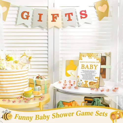 Miniatura 6 de Roowest Juego de 51 piezas de juguetes geniales para baby shower, con texto en inglés "Who's Watching The Baby", juegos de regalo de madera