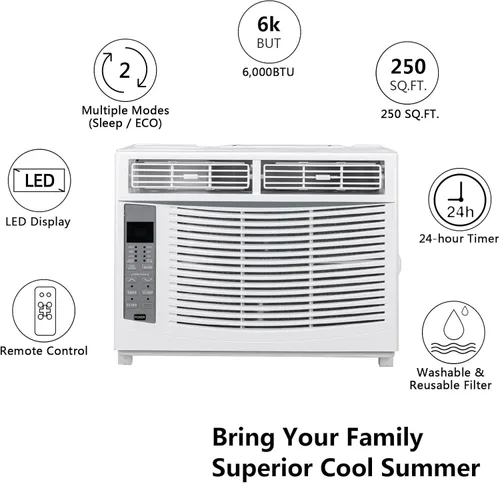 Miniatura 2 de ROVSUN - Aire acondicionado de ventana de 6000 BTU, unidad de aire acondicionado 3 en 1 para ventana, funciona como enfriador, deshumidificador