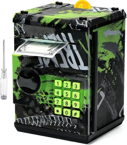 Miniatura 10 de Alcancía de cajero automático para niños y niñas, Vcertcpl - Mini alcancía de monedas con contraseña, caja de ahorro con agarre automático