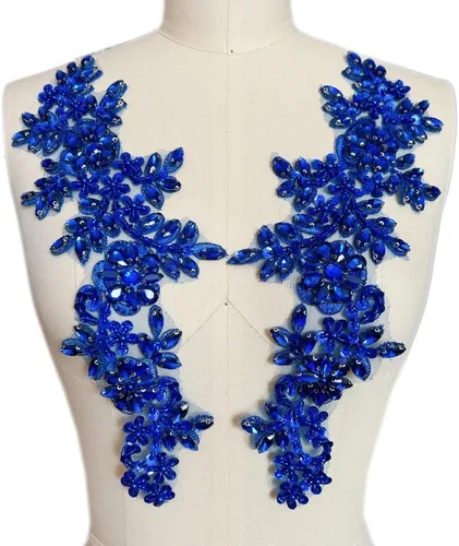 Miniatura 12 de 1 par de parches de encaje con cristales brillantes, cuentas de vidrio y piedras, para coser a mano, accesorios para decoración de vestidos de novia