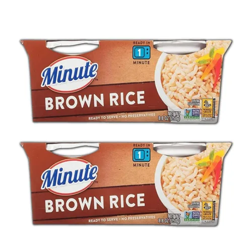 Paquete de arroz integral instantáneo. Incluye dos paquetes de 8.8 onzas de arroz integral minuto listo para servir. Cada uno tiene 2 tazas de arroz