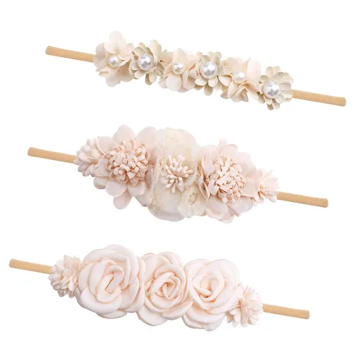 Miniatura 18 de cherrboll 3 diademas de flores para bebé, súper suaves y elásticas, de nailon, para recién nacidas Rosa (Rose Bloom)