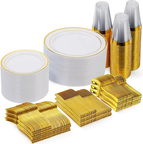 Miniatura 7 de Goodluck 600 Piezas Platos Desechables Plateados para 100 Invitados, Juego de Vajilla de Plástico de 100 Platos de Cena, 100 Platos de Ensalada, 100