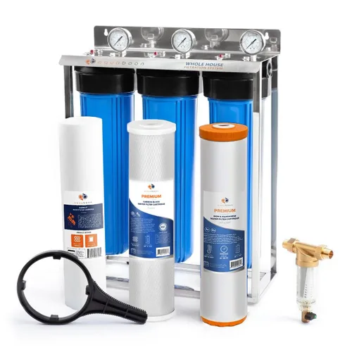 Aquaboon Sistema de filtro de agua para toda la casa de 3 etapas con prefiltro, bloque de carbón de 20x4.5, filtros para hierro y manganeso,