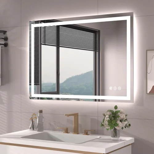 Miniatura 80 de Snowdool Espejo LED de baño, 32 x 32 pulgadas con luz frontal y retroiluminada, antivaho, espejo de tocador de baño para pared, función de memoria