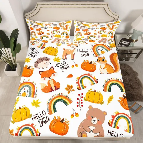 Manfei Sábana bajera ajustable de otoño, tamaño individual, hojas de calabaza, dibujos animados, arcoíris, zorro, oso, ciervo, juego de ropa de cama