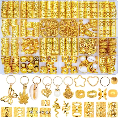 Juego de accesorios dorados para el cabello de 236 piezas: joyas, dijes, anillos y puños para trenzas, rastas, estilos de Loc y peinado rave
