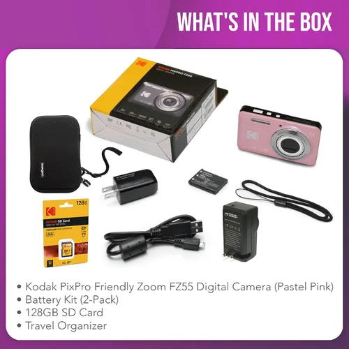 Miniatura 9 de Kodak PixPro Friendly Zoom FZ55 16MP 1080p Cámara digital Full HD (rosa pastel) Paquete con tarjeta SD de 128 GB, batería (paquete de 2)