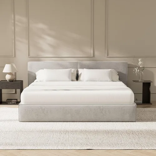 Miniatura 10 de RECCI Base de cama de plataforma con cabecero tapizado de felpa, estabilidad sin ruido, fácil montaje, listones de madera