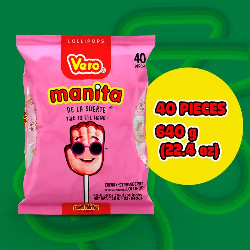 Miniatura 6 de Vero Manita Paletas sabor fresa y cereza caramelos en palo (bolsa de 40 unidades) - Paletas envueltas individualmente - Dulces mexicanos - Paletas